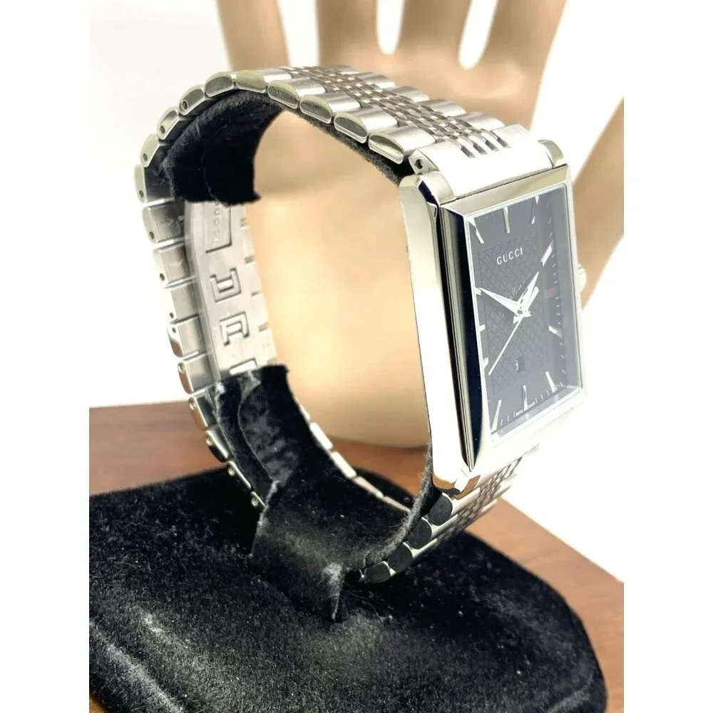 Gucci Men's Watch YA138401 G-Timeless Swiss Quartz Black Dial Silver Steel Tank